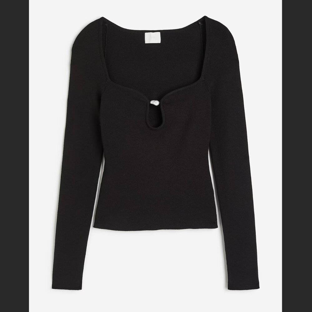 H&M Faux Pearl Bead Detail Low Cut Long Sleeve Black Top - Size S